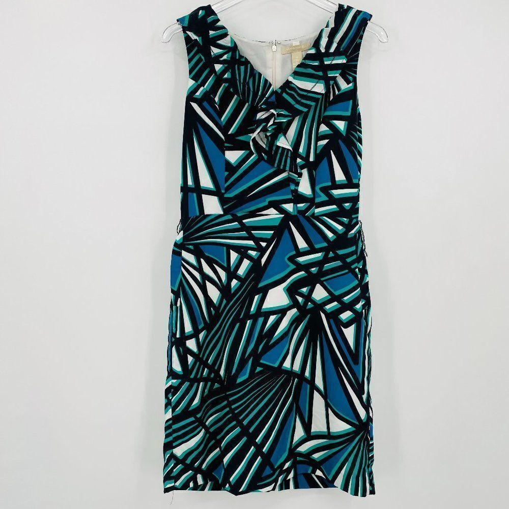 Banana Republic Size 8 Green & Black Geometric Print Ruffle Neck Sheath Dress